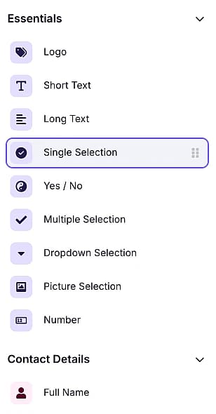 An image showing where the “Single Selection” field is located in the field menu from within the “Build” section