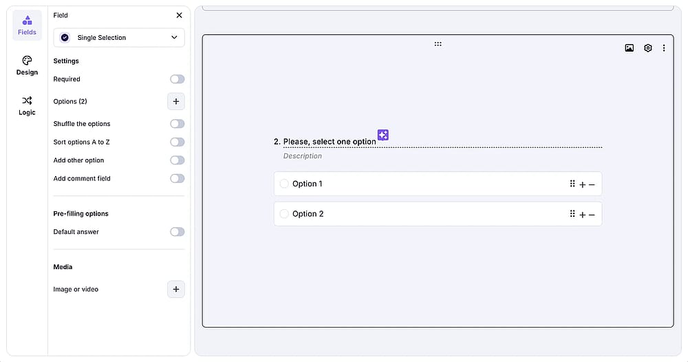 An image showing the settings you can adjust within the “Single Selection” field by pressing the “Gear” icon on the field