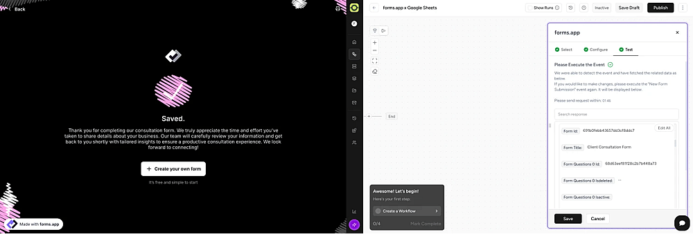 An image showing the submitted form from the left and the “OttoKit” platform from the right, so you can test your form and ensure the trigger works