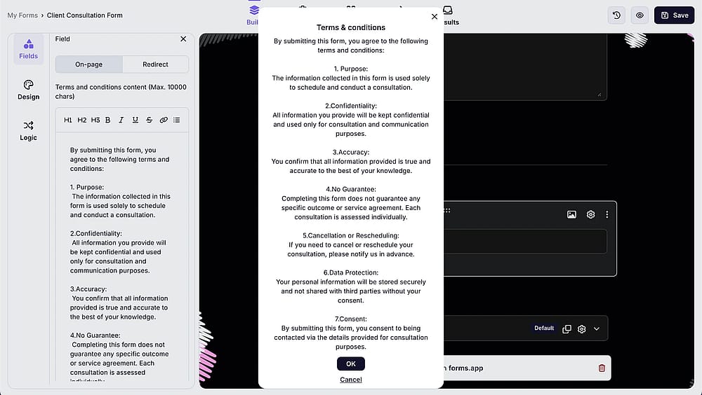 An image showing the “On-page” option, which you need to select in case you want your Terms and Conditions text content to appear as a pop-up on the form