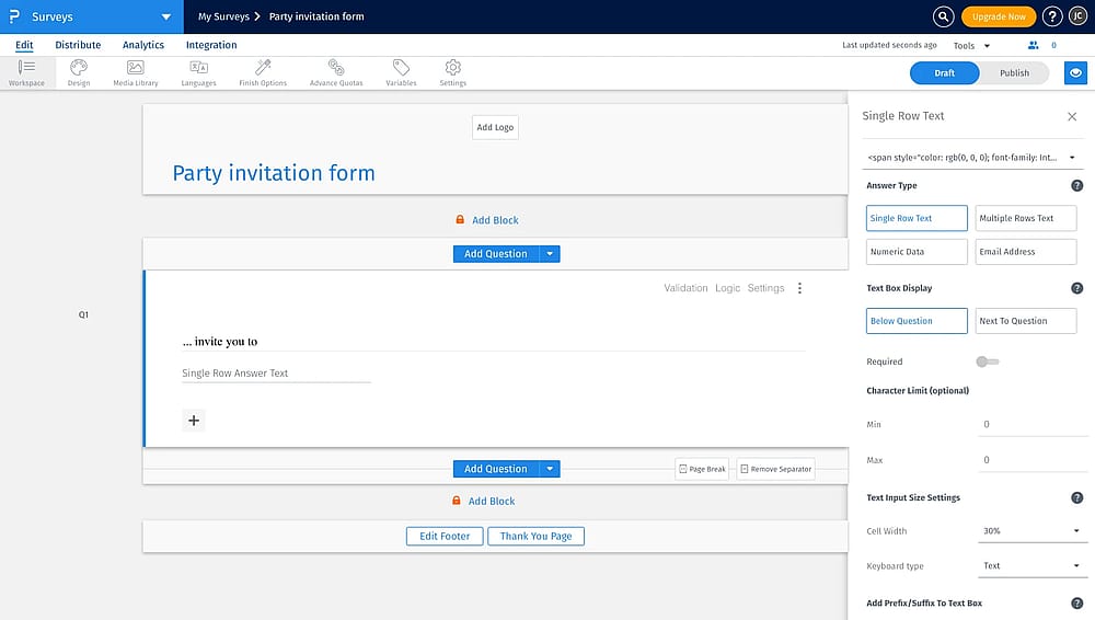 Workspace of QuestionPro
