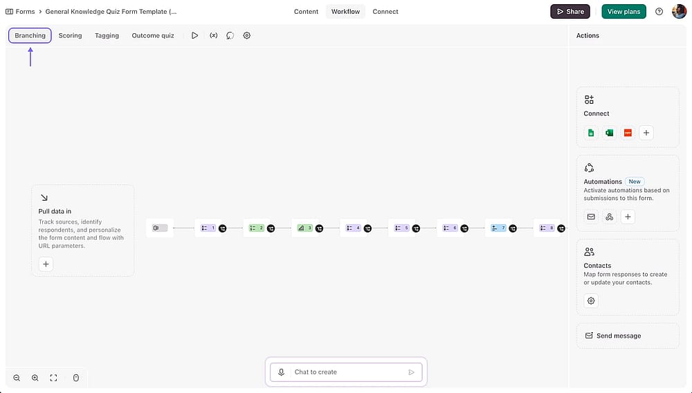 Acesse a seção ‘Ramificação’ (Branching) na aba ‘Fluxo de trabalho’ (Workflow)