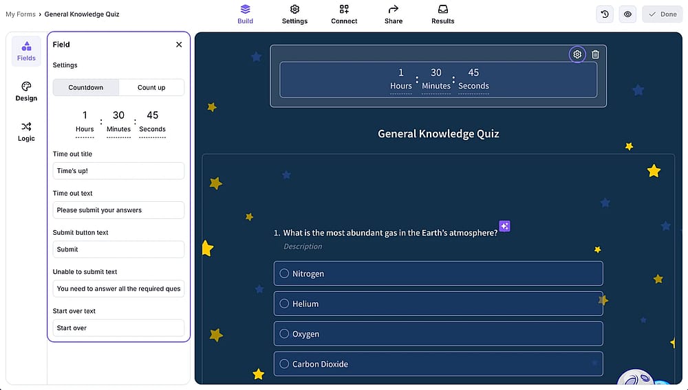Selecione o campo ‘Temporizador’ (Timer) no menu de campos para configurar uma contagem regressiva ou progressiva