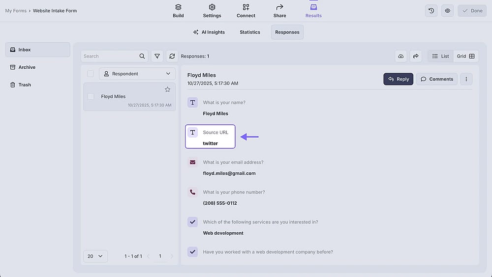 An image showing the response example of the field you made hidden and how it looks within your form answers
