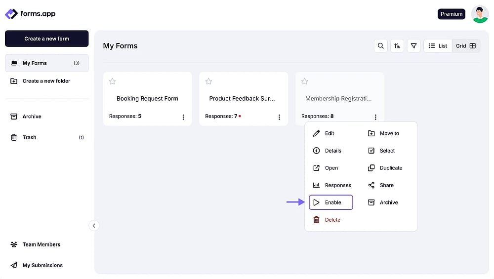 An image showing where you can enable your form from the âDashboardâ in case it was disabled