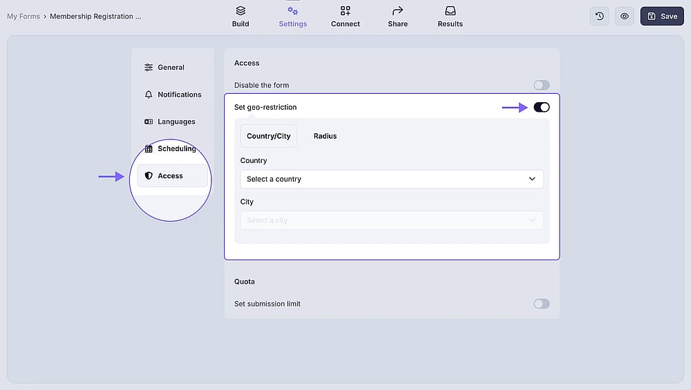 An image showing the âSet geo-restrictionâ setting, which can help you open your form for submissions only for a particular location