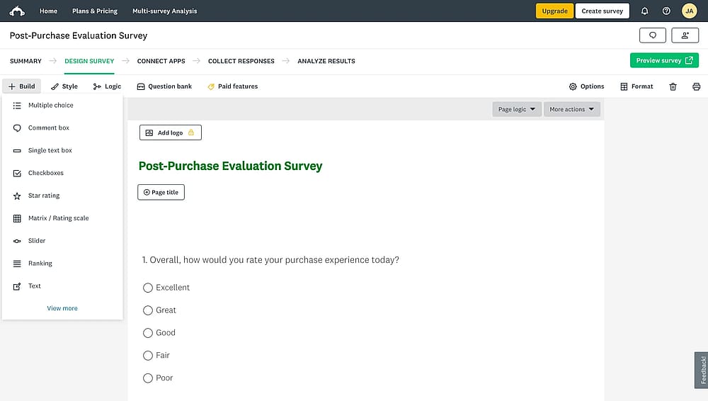 Arbeitsbereich von SurveyMonkey