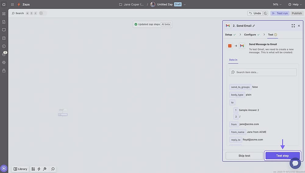 An image showing the “Test” area, where you will need to test your workflow