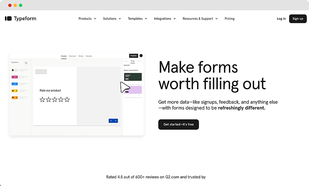 La página de inicio de Typeform