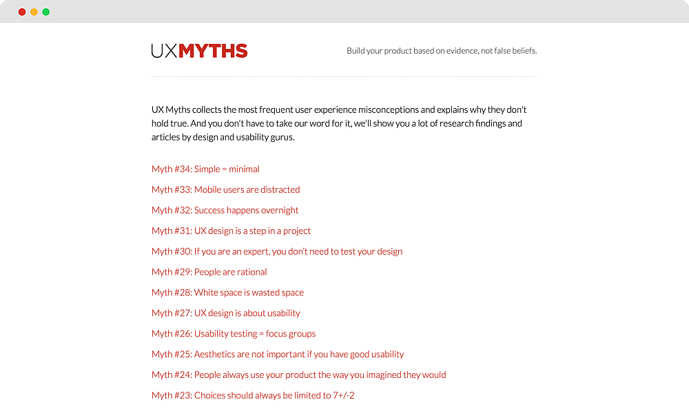 Die Startseite von UX Myths