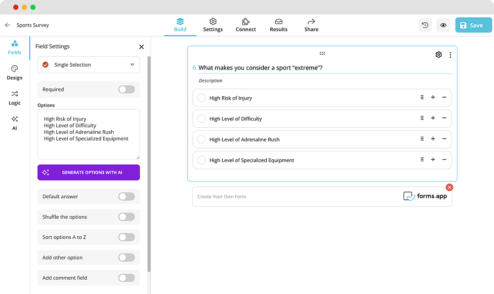 Add your own questions to your sports survey