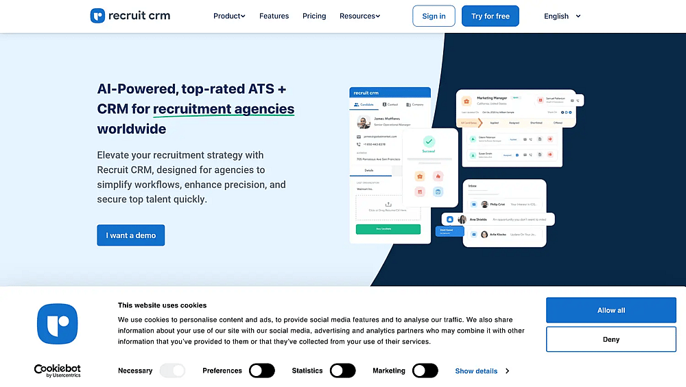 A página inicial do Recruit CRM