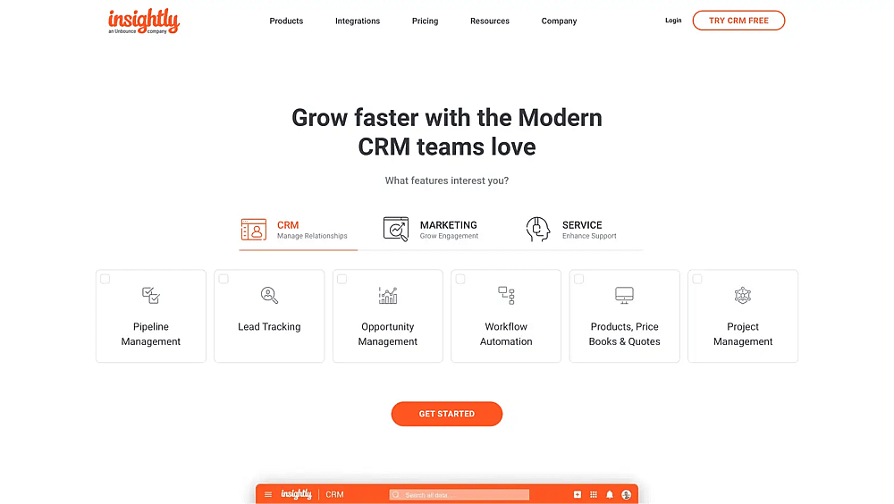 A página de CRM do Insightly