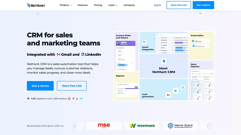 A página inicial do NetHunt CRM