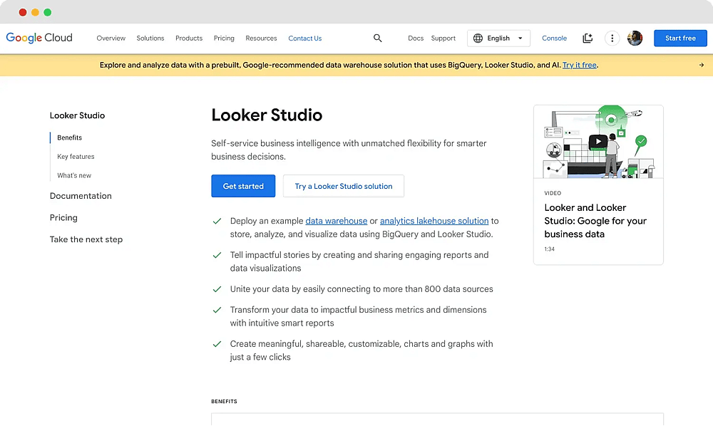 La page d'accueil de Looker Studio
