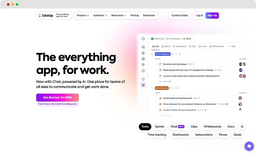 La page d'accueil de ClickUp