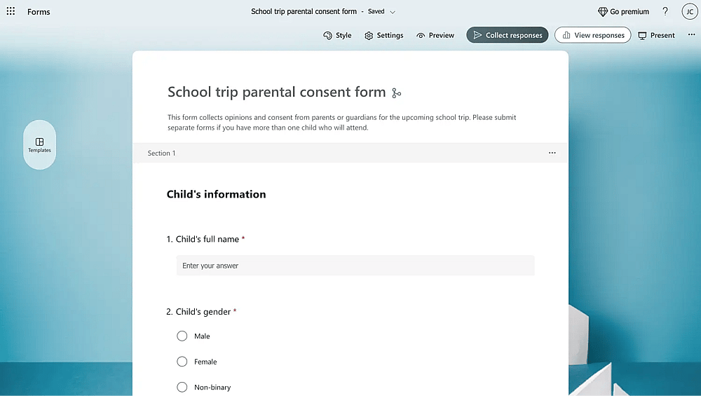 School trip parental consent form of MS forms