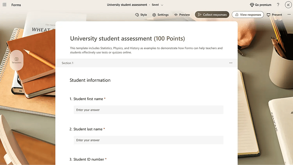 University student assessment form of MS forms