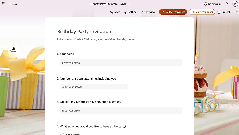 Birthday party invitation of MS forms