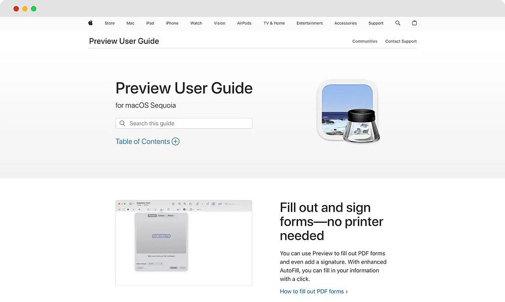 A página inicial do Apple Preview