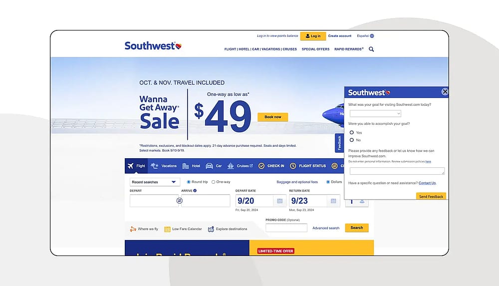 Exemplo de feedback do motivo da visita à página da Southwest