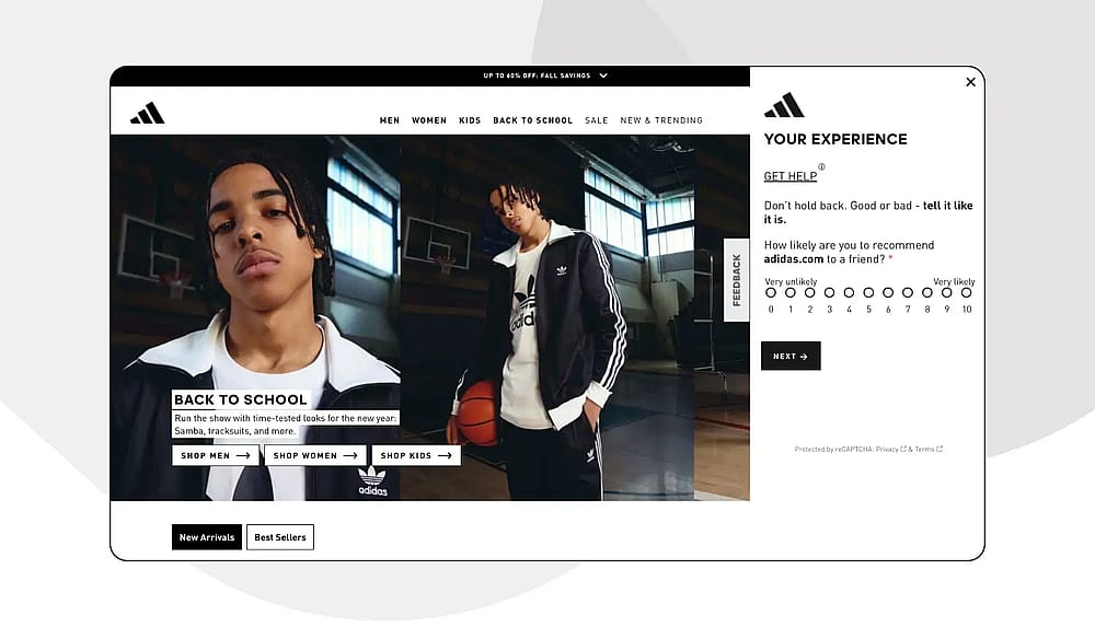 Exemplo de pop-up de feedback do site da Adidas