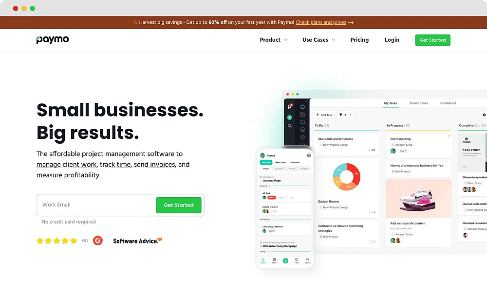 Die Homepage von Paymo