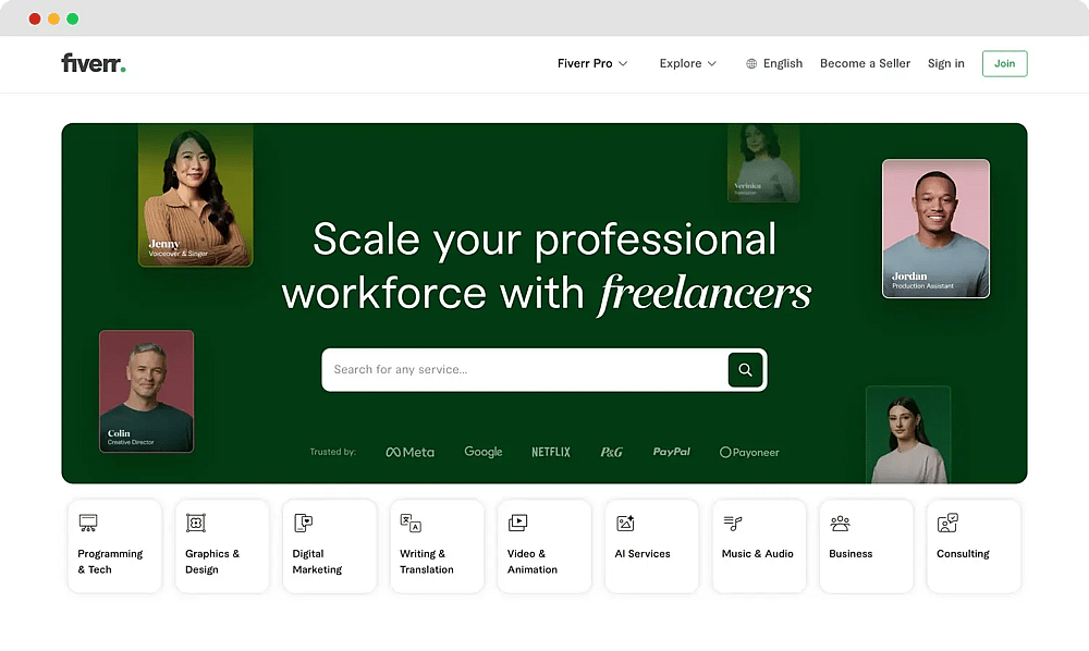 Page d'accueil de Fiverr