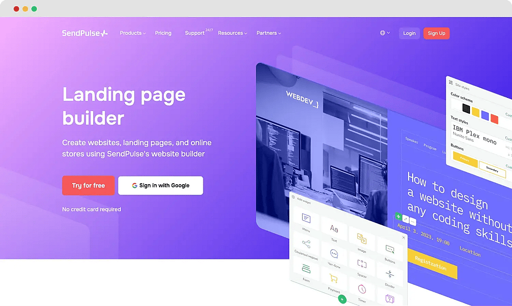 Page de construction de la page d'atterrissage sur SendPulse