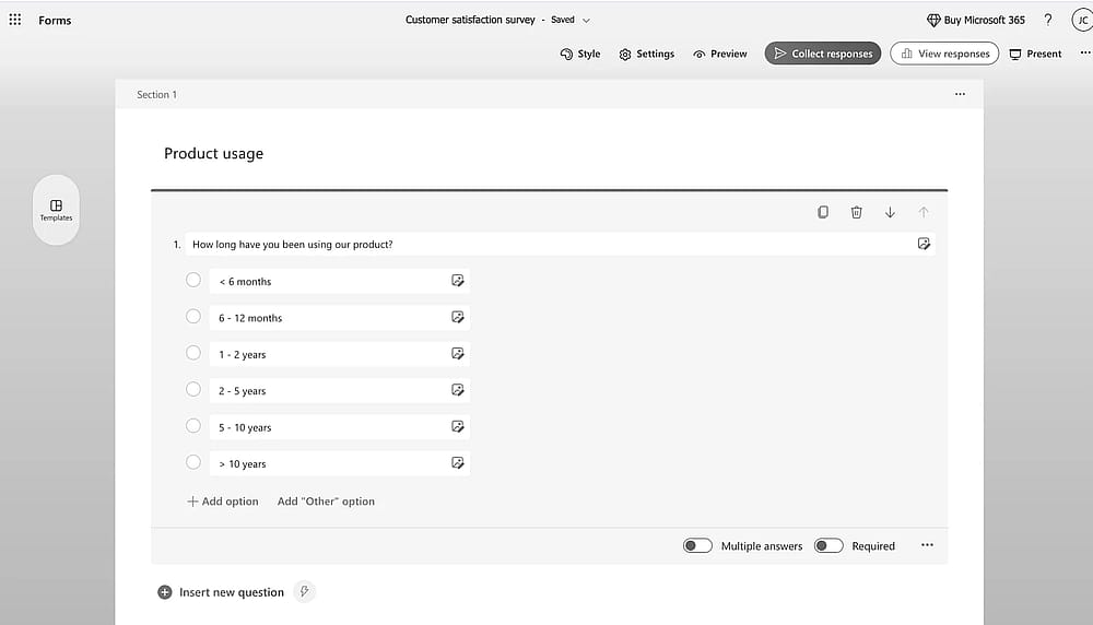 Workspace of Microsoft Forms