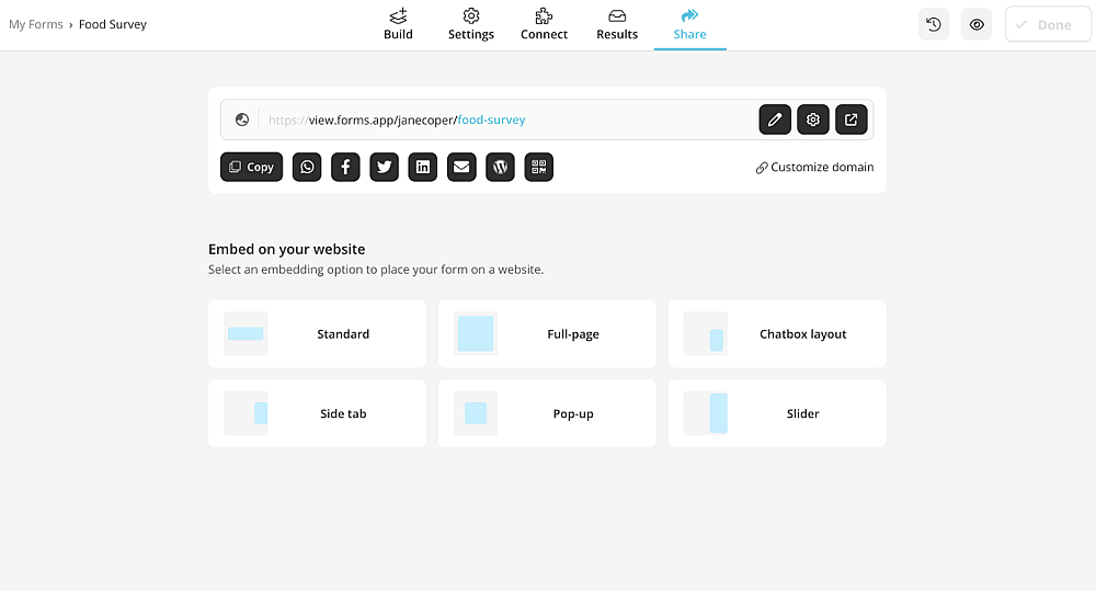 Share your survey or embed it on a web page