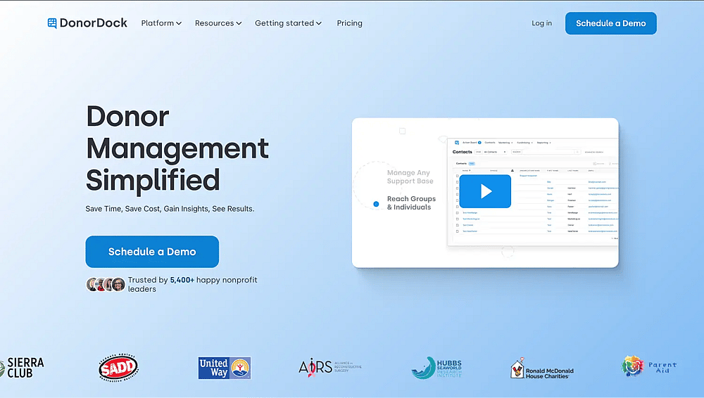 The homepage of DonorDock