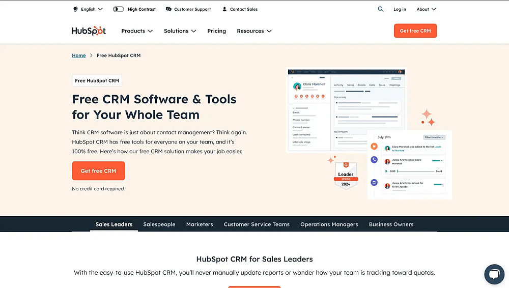 The homepage of HubSpotCRM