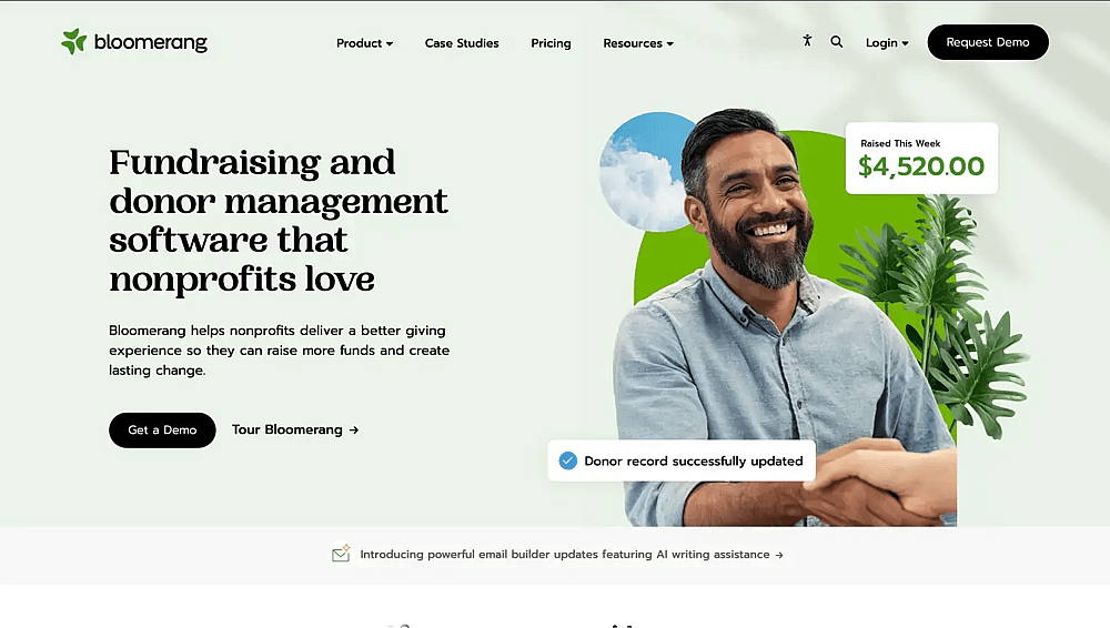 The homepage of Bloomerang CRM&nbsp;
