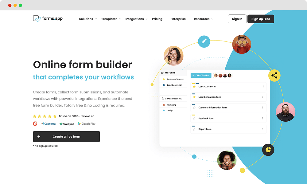 Die Homepage von forms.app