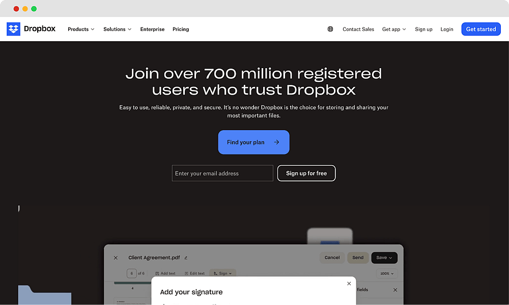 Die Startseite von Dropbox