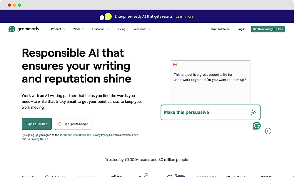 Die Homepage von Grammarly