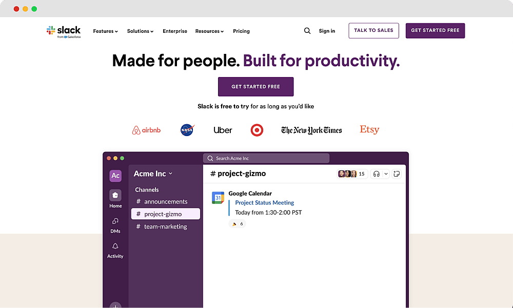 Die Homepage von Slack