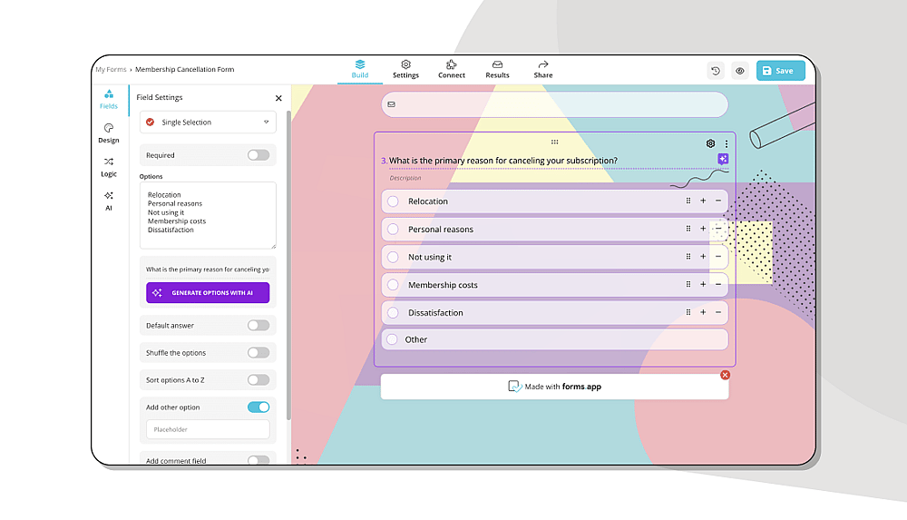 Adicionando perguntas e campos à sua pesquisa de feedback do cliente de SaaS