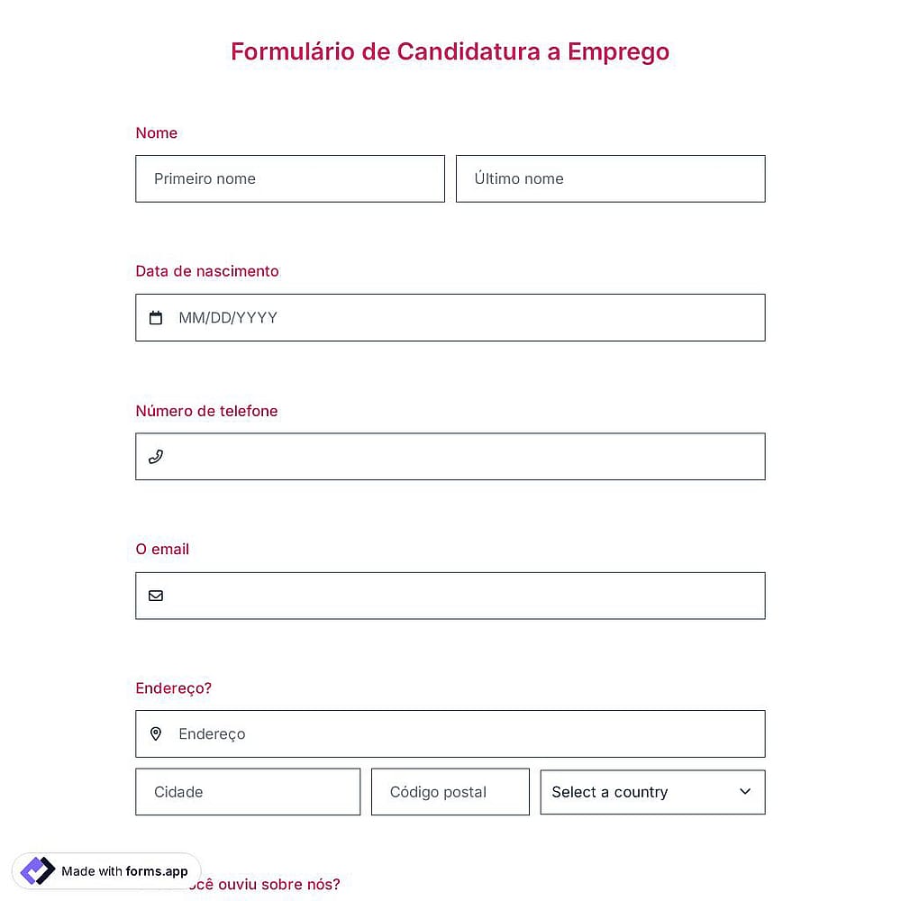 Modelo de Formulário de Candidatura a Emprego