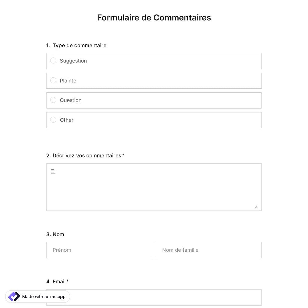 Modèle de formulaire de commentaires