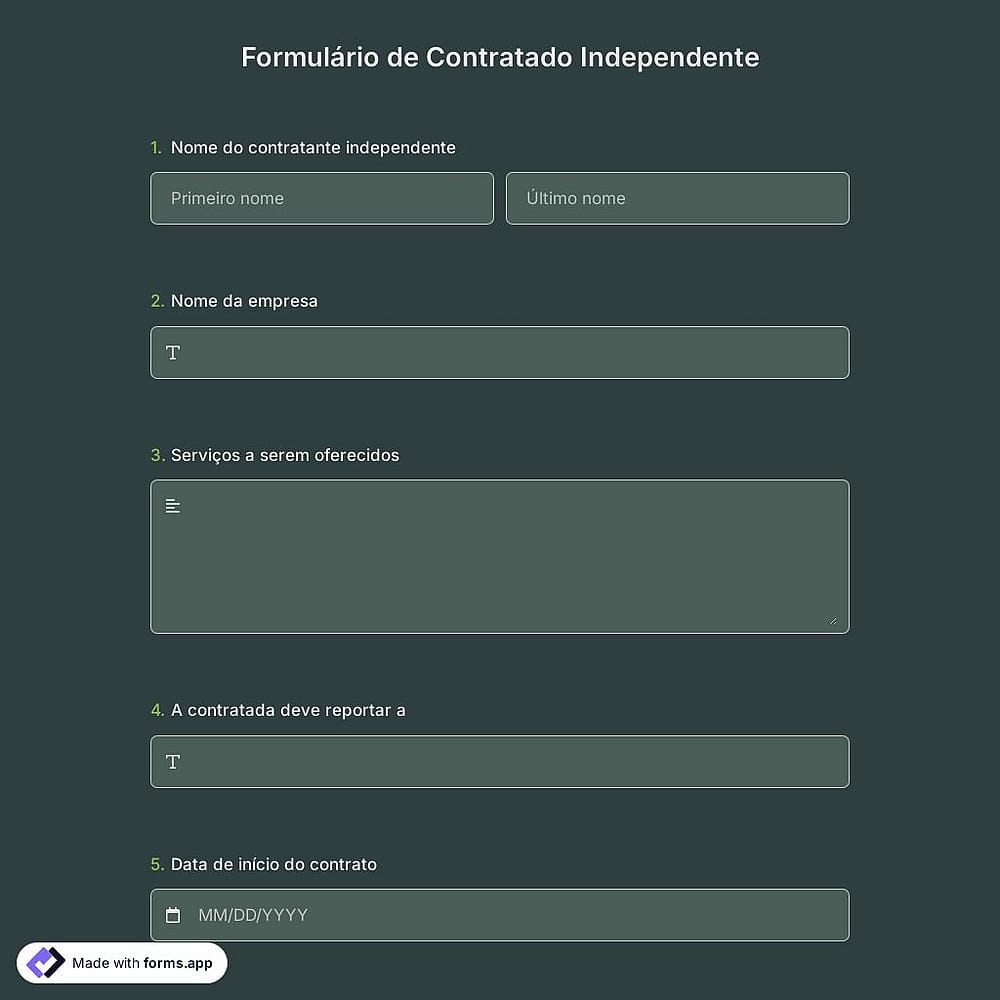 Modelo de formulário para prestador de serviços independente