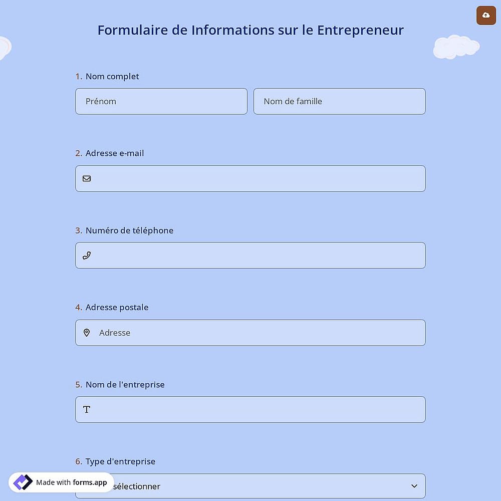 Formulaire de Informations sur le Entrepreneur