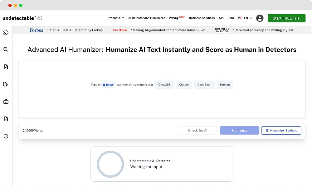 The homepage of Undetectable AI