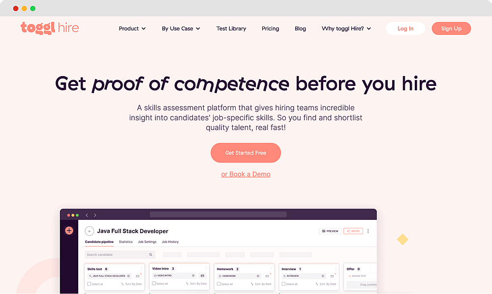 The homepage of Toggl Hire