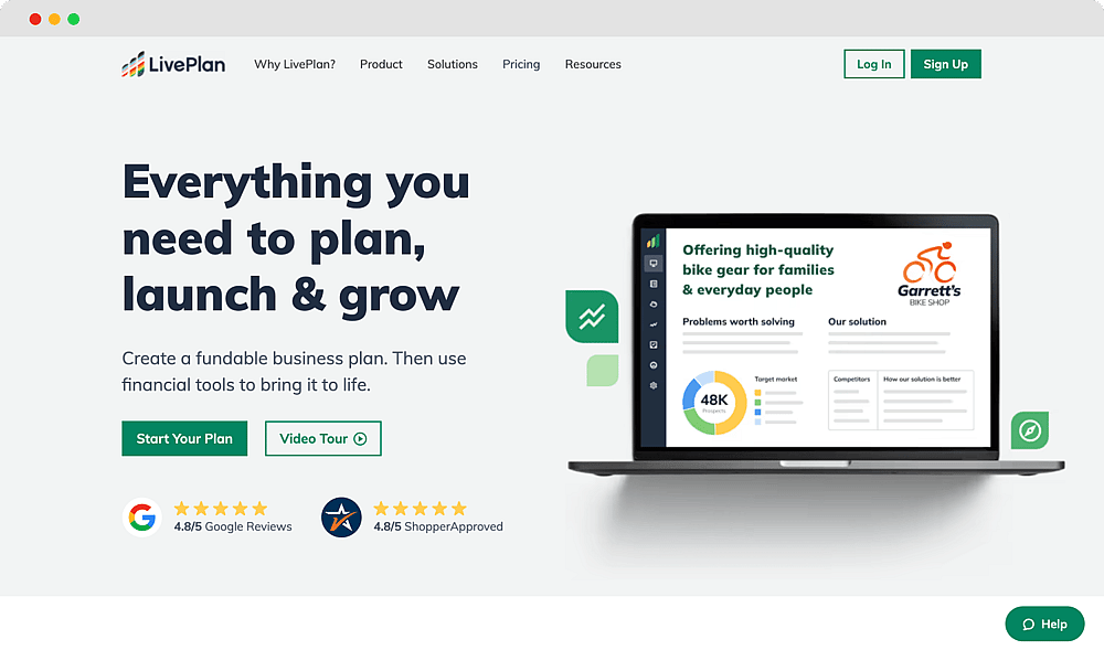 The homepage of LivePlan
