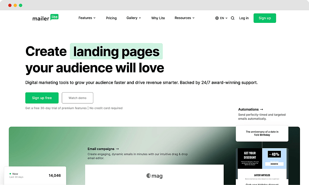 The homepage of MailerLite