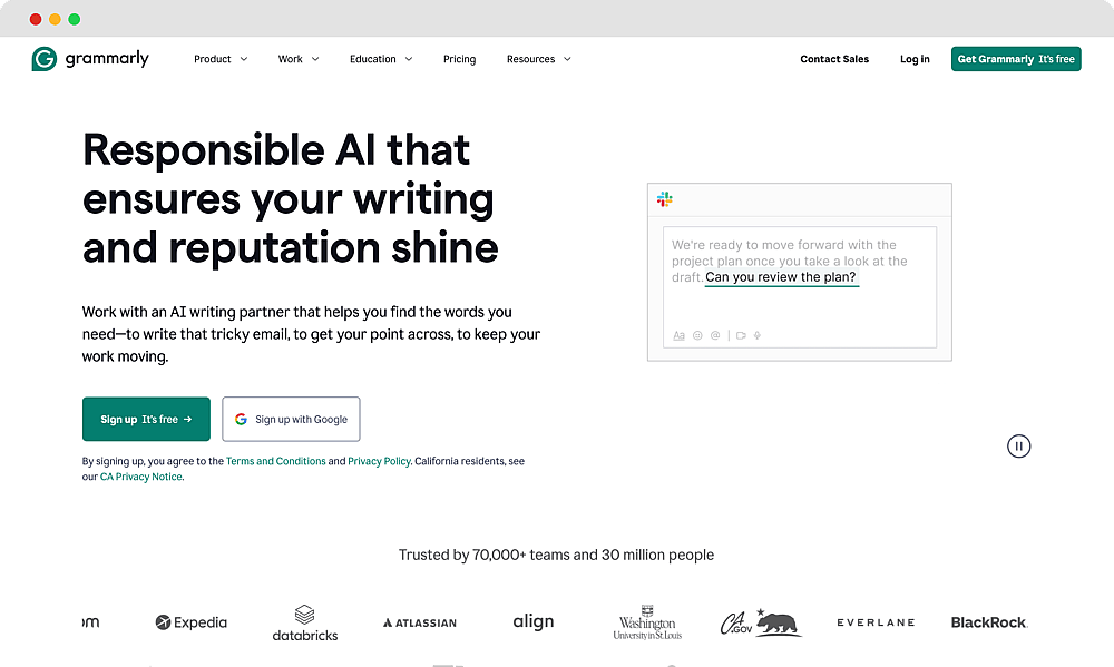 The homepage of Grammarly