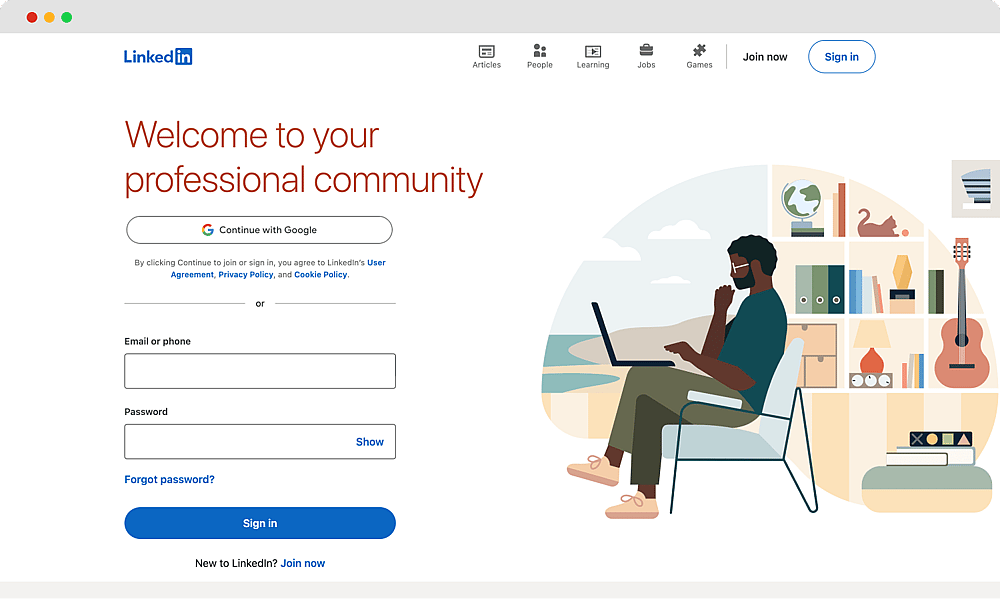 The homepage of LinkedIn