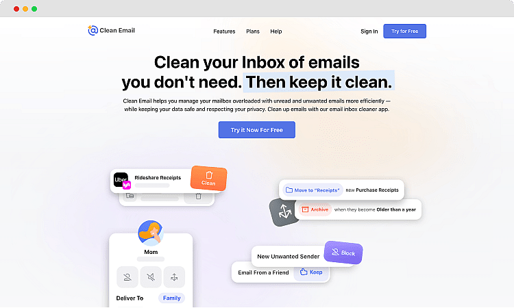 Die Homepage von Clean Email